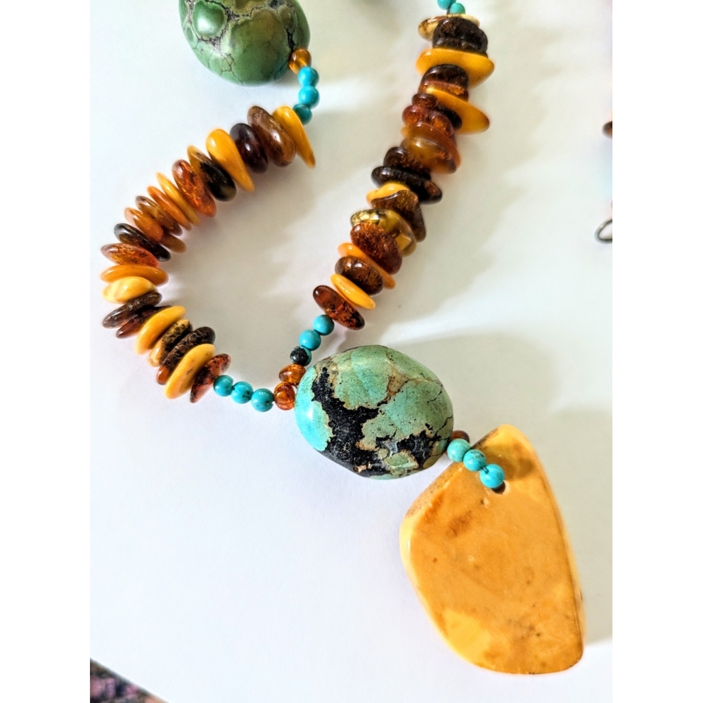 Sterling Egg Yolk Baltic Amber Blue Turquoise Chunks Beaded Pendant Necklace 22" - Picture 7 of 12